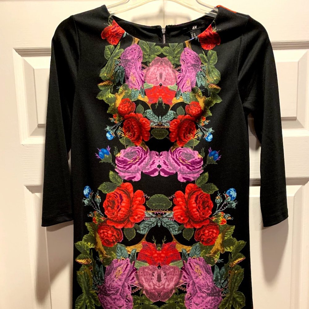 H&M Long Sleeve Black Floral A-Line Dress